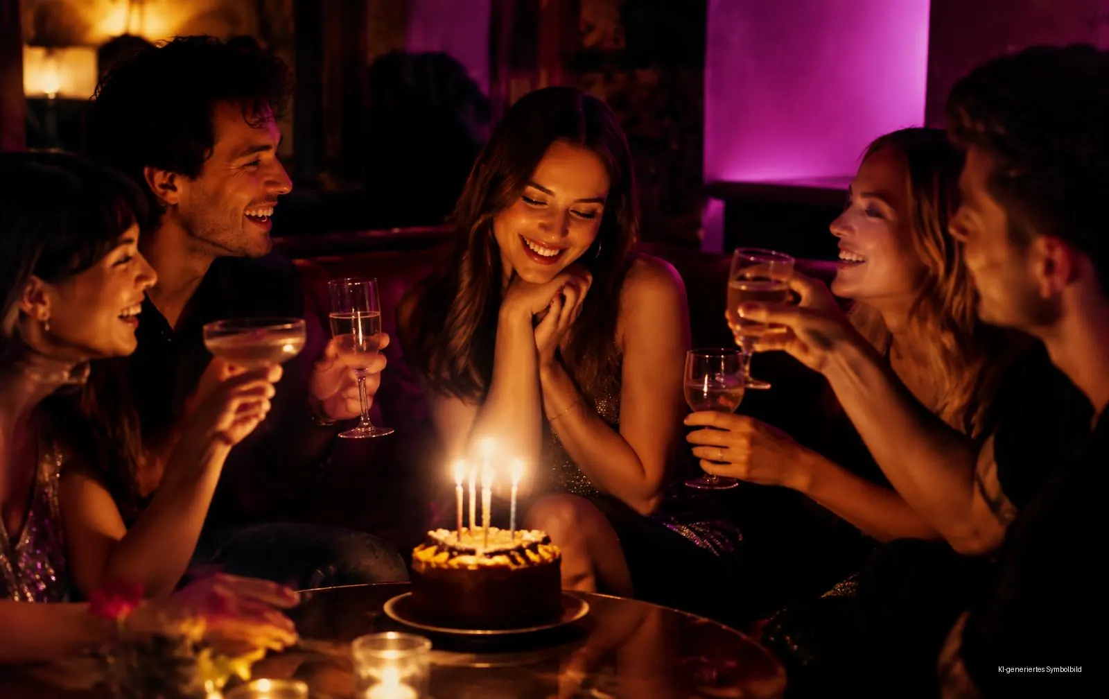 Freunde stoßen auf ein Geburtstagskind vor einer Torte mit Kerzen an