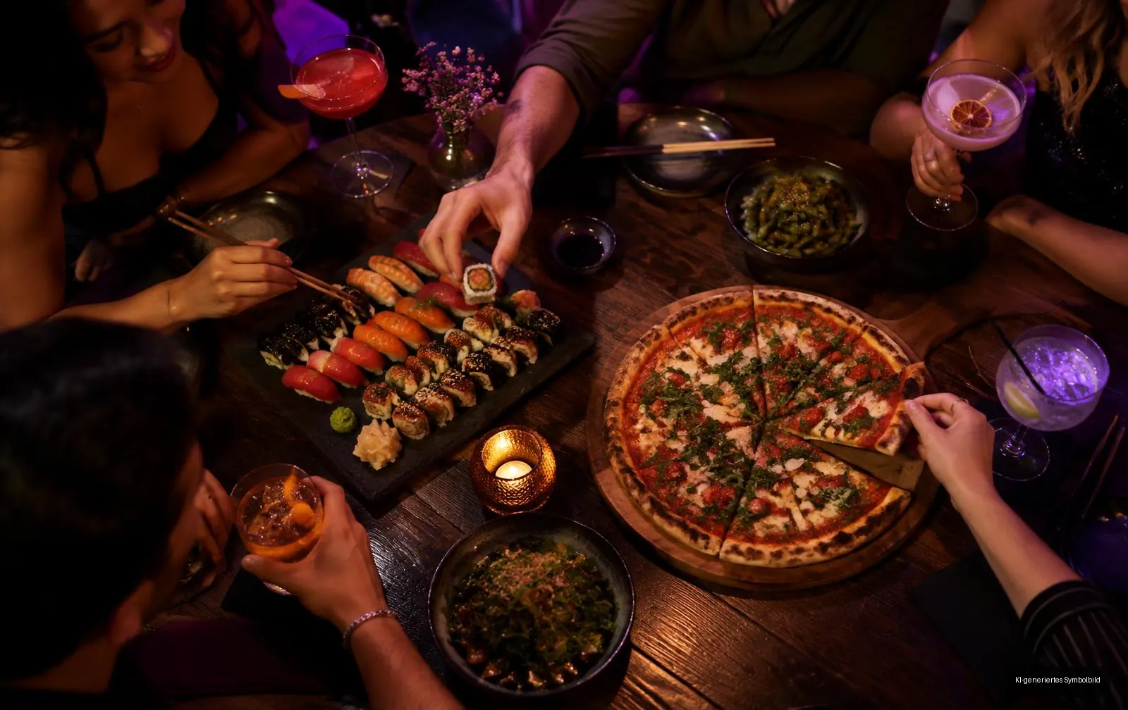 Sushi-Platte, Pizza und Cocktails auf einem Holztisch, mehrere Hände greifen zu