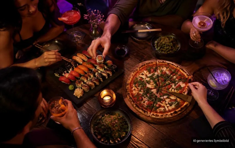 Sushi-Platte, Pizza und Cocktails auf einem Holztisch, mehrere Hände greifen zu