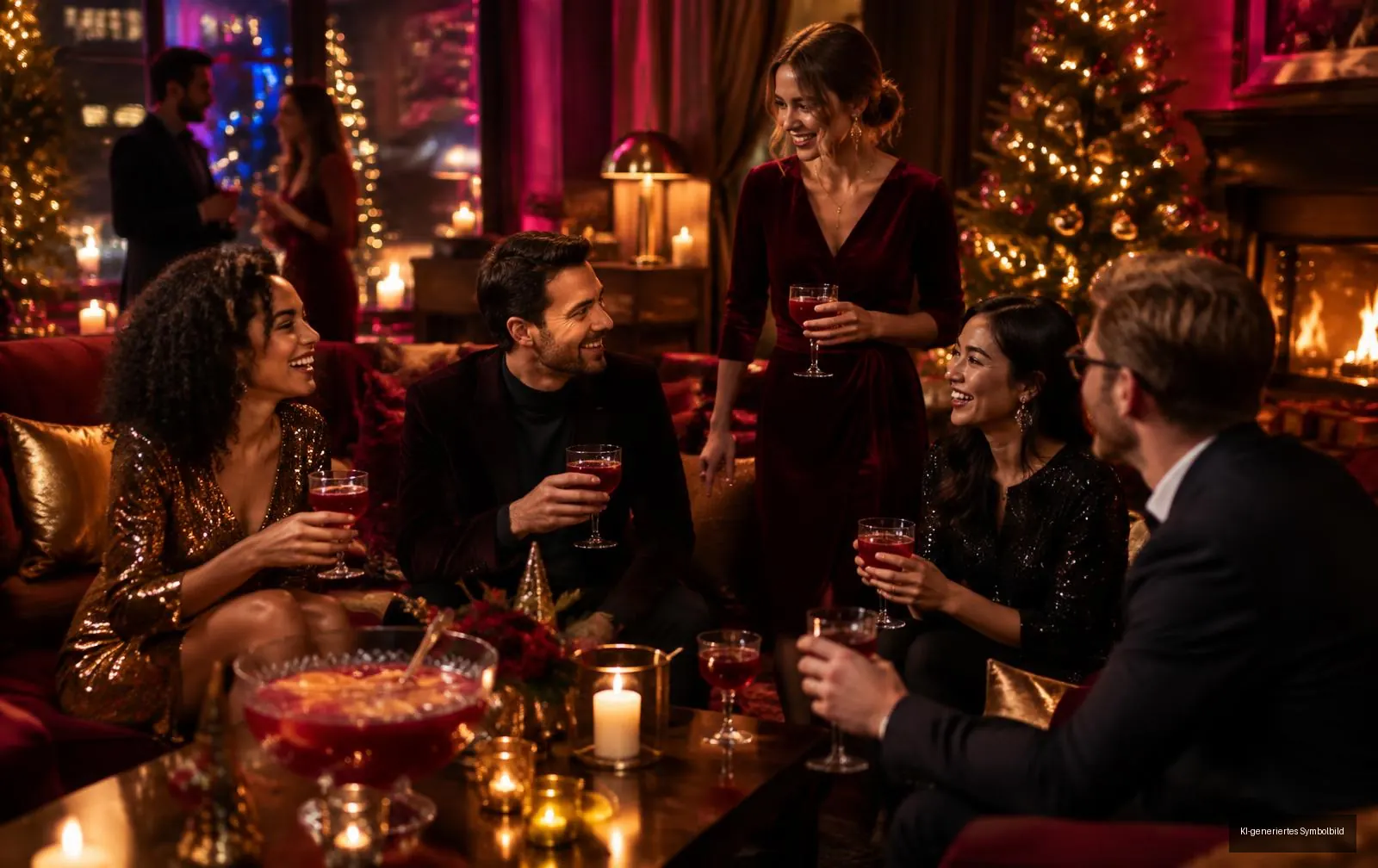 Gruppe mit Punschgläsern in einer weihnachtlich beleuchteten Lounge