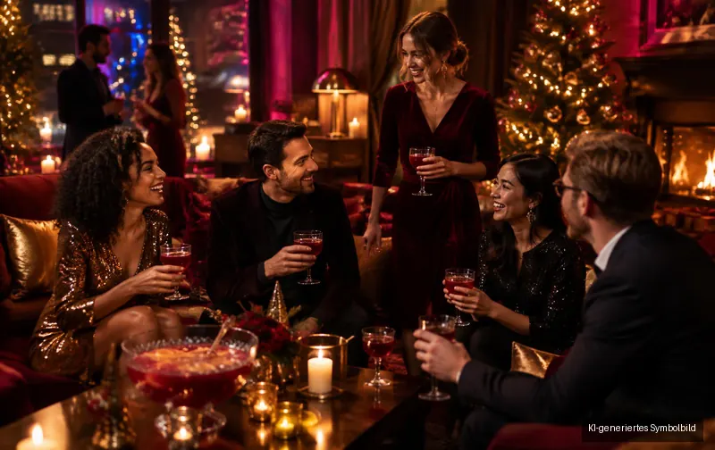 Gruppe mit Punschgläsern in einer weihnachtlich beleuchteten Lounge